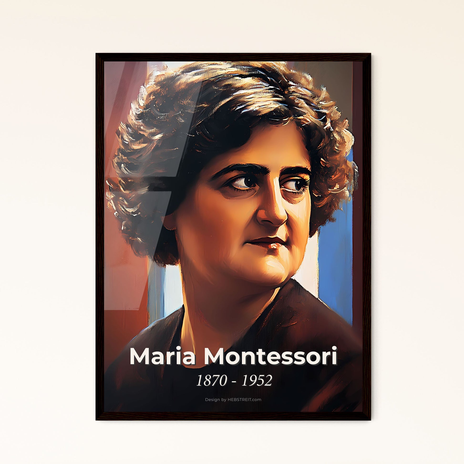 Portrait of Maria Montessori, 1870 - 1952. Impressionistic painting of a woman looking to the side.