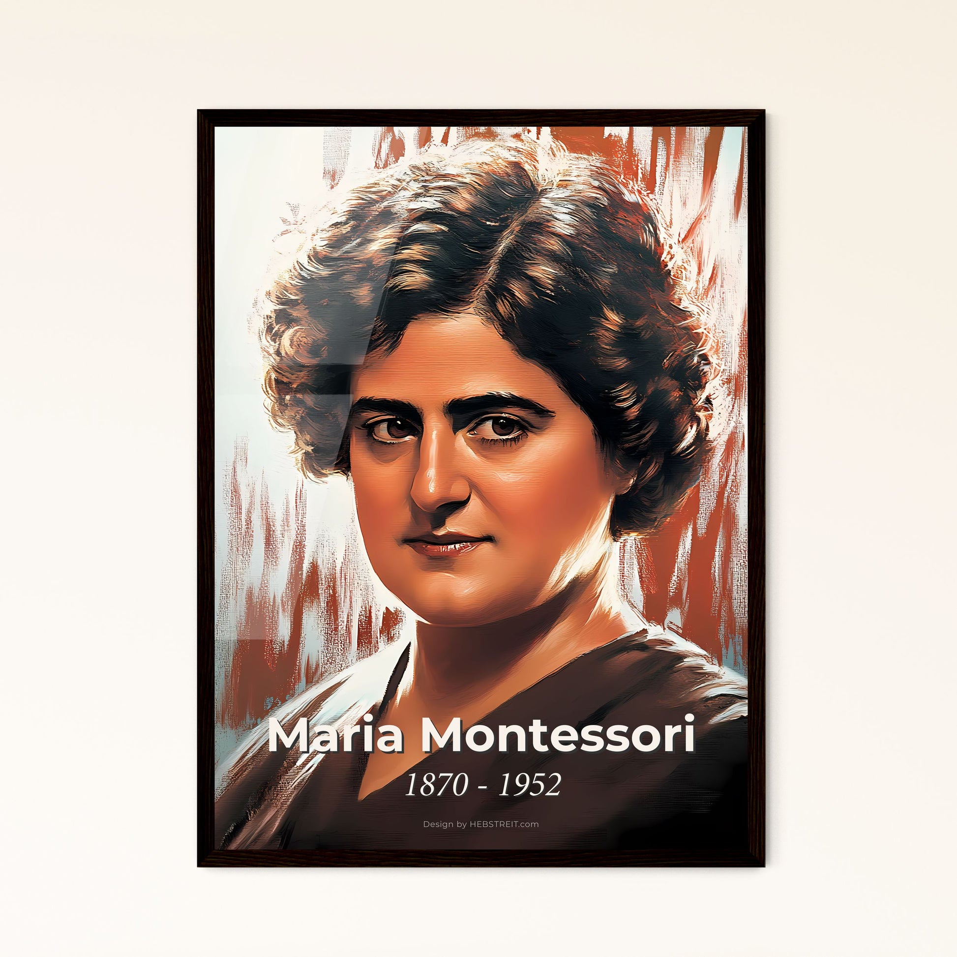 Portrait of Maria Montessori, 1870 - 1952. Impressionistic painting of a woman with curly hair.