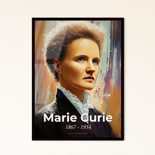 Portrait of Marie Curie, 1867 - 1934. Impressionistic painting of a woman with short hair.