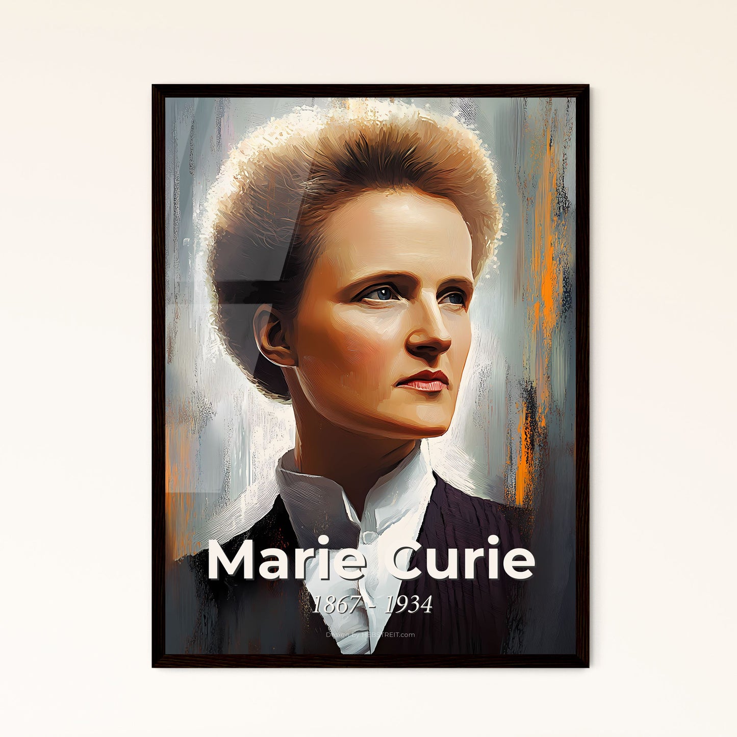 Portrait of Marie Curie, 1867 - 1934. Impressionistic painting of a woman with short hair.