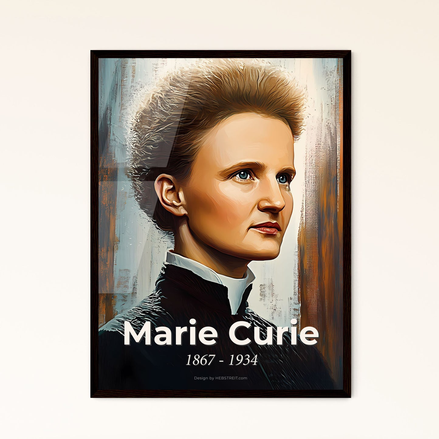 Portrait of Marie Curie, 1867 - 1934. Impressionistic painting of a woman with short hair wearing a black shirt.