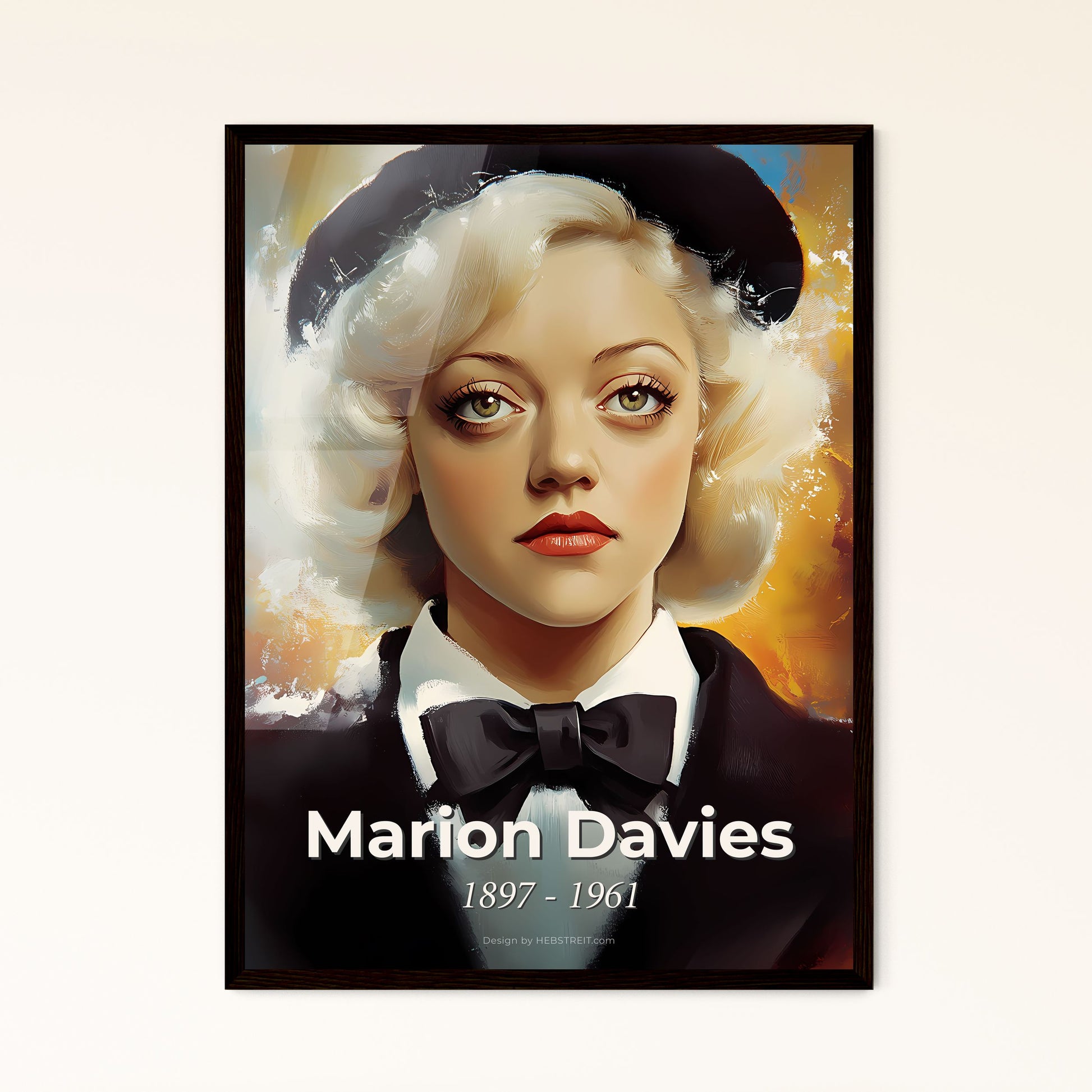 Portrait of Marion Davies, 1897 - 1961. Impressionistic painting of a woman wearing a bow tie and black suit.