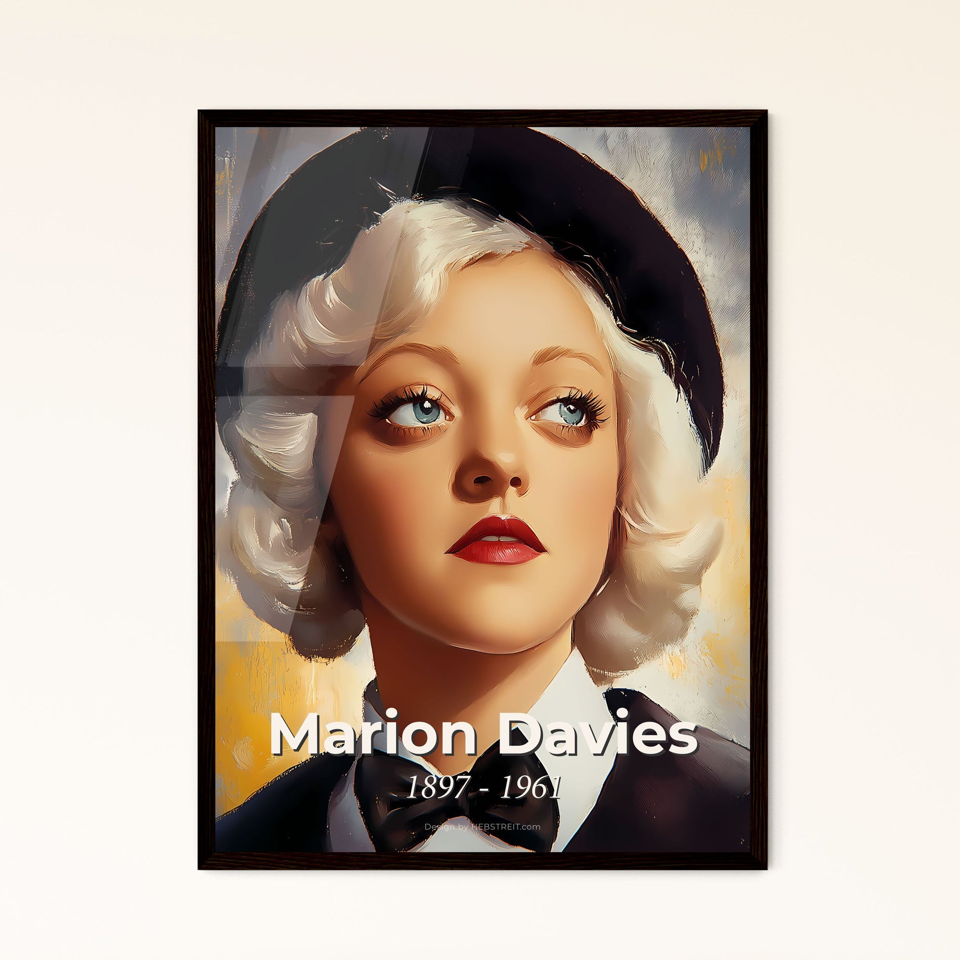 Portrait of Marion Davies, 1897 - 1961. Impressionistic painting of a woman in a hat and bow tie.