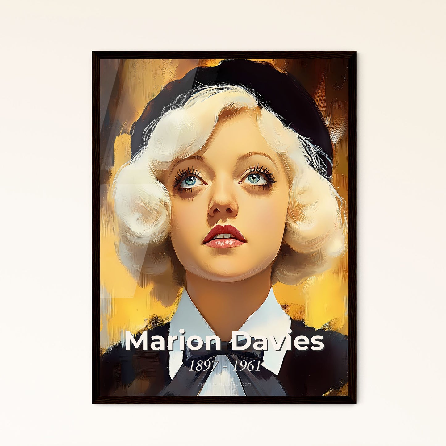 Portrait of Marion Davies, 1897 - 1961. Impressionistic painting of a woman with white hair and a bow tie.