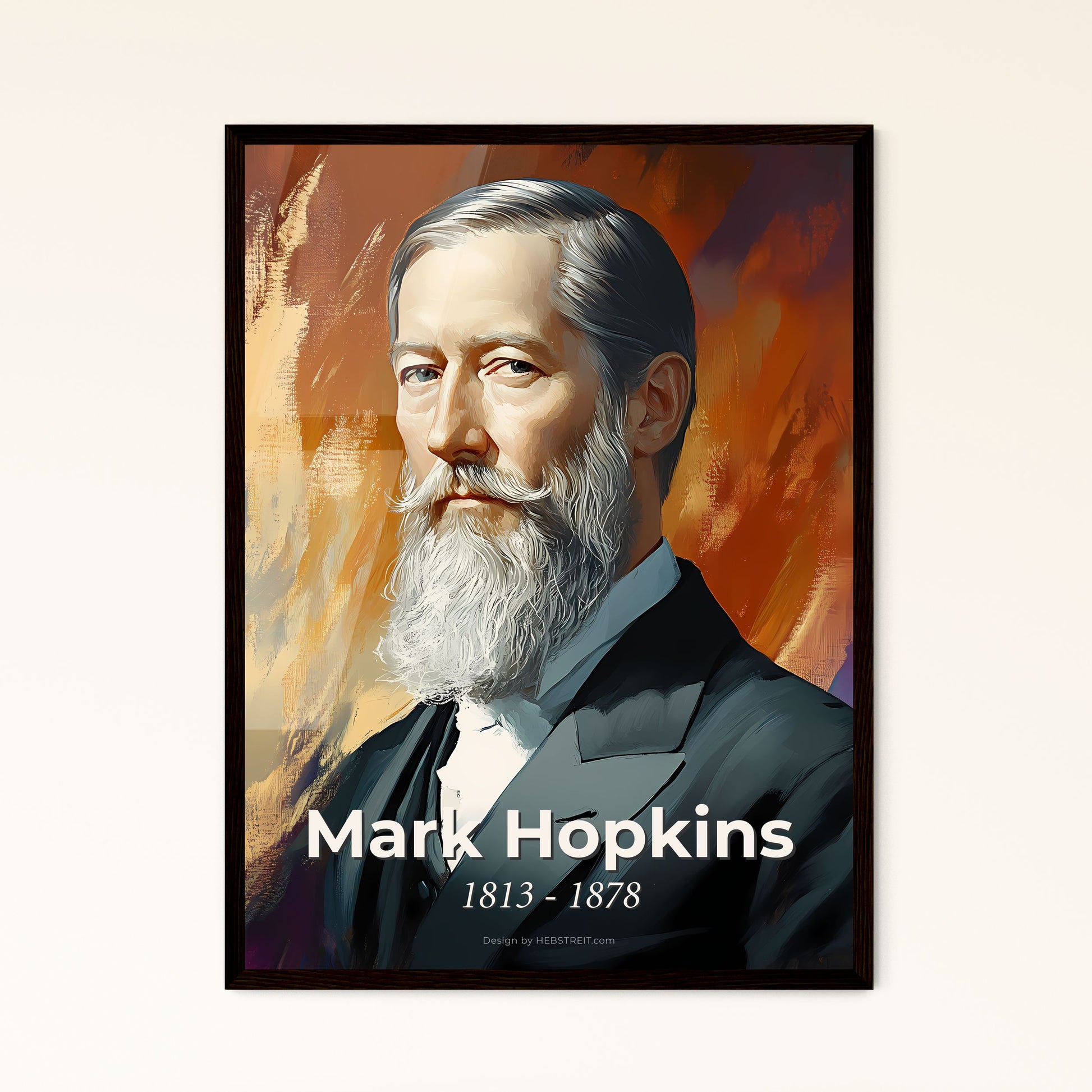 Portrait of Mark Hopkins, 1813 - 1878. Impressionistic painting of a man with a beard.