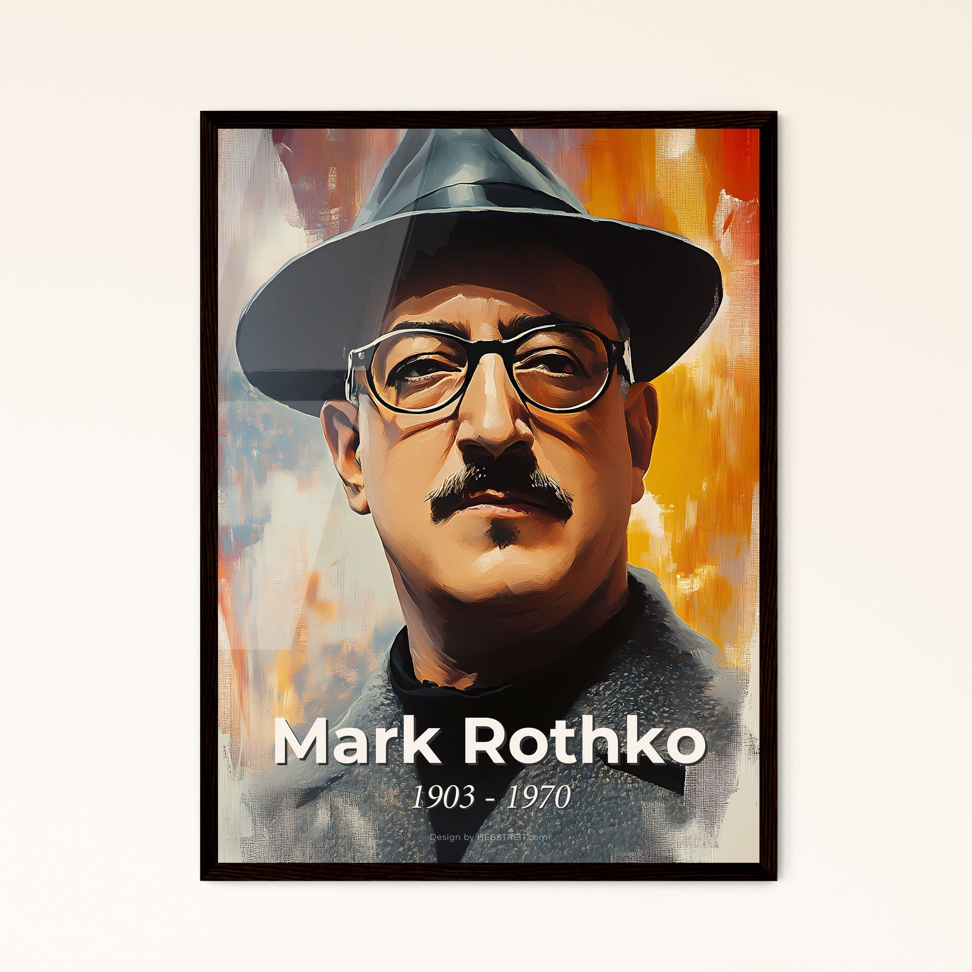 Portrait of Mark Rothko, 1903 - 1970. Impressionistic painting of a man with a mustache wearing a hat and glasses.