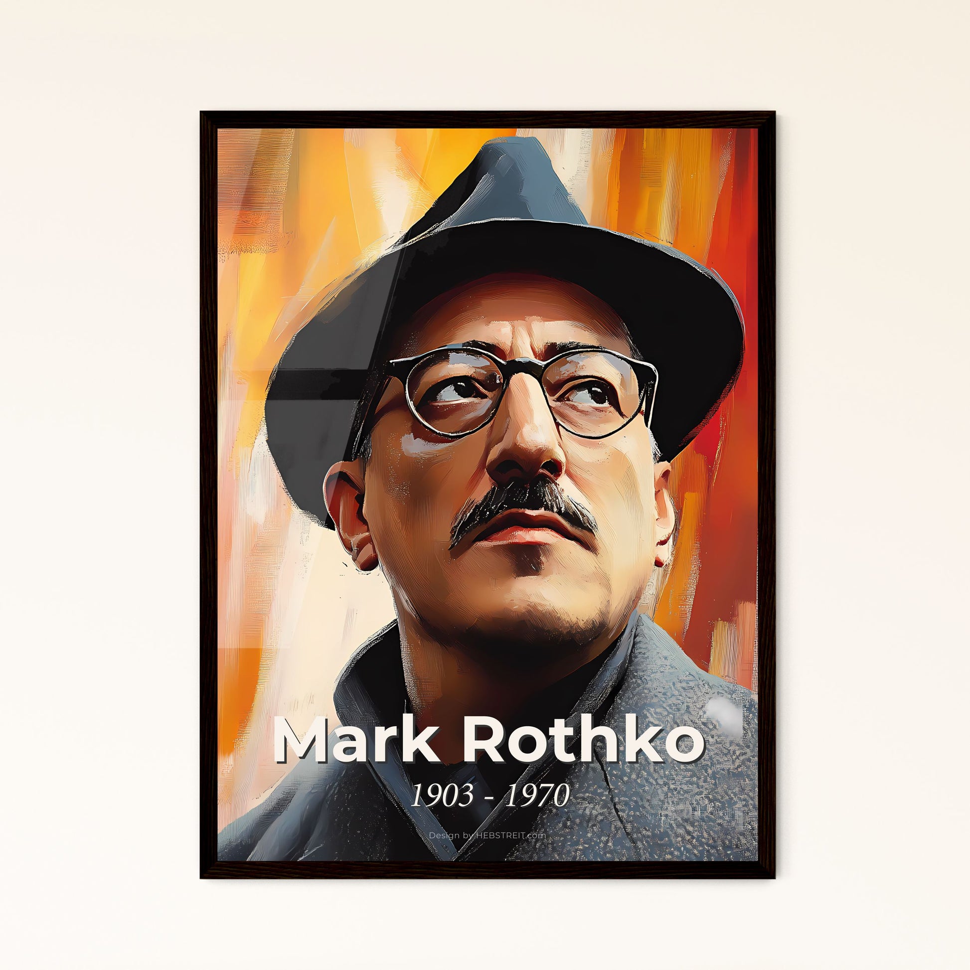 Portrait of Mark Rothko, 1903 - 1970. Impressionistic painting of a man with a mustache wearing a hat and glasses.