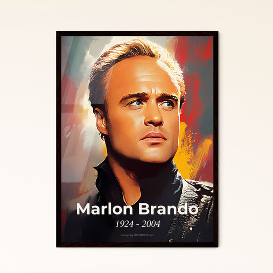 Portrait of Marlon Brando, 1924 - 2004. Impressionistic painting of a man looking up to the side.