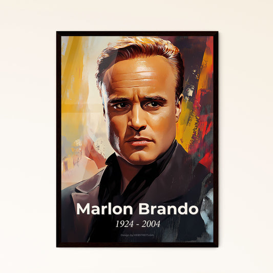 Portrait of Marlon Brando, 1924 - 2004. Impressionistic painting of a man in a suit.