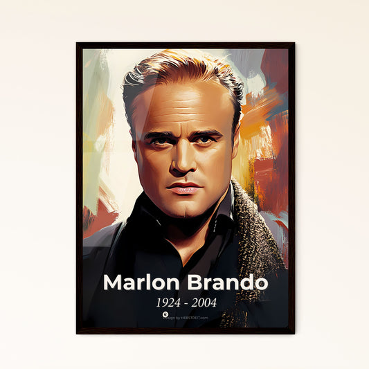 Portrait of Marlon Brando, 1924 - 2004. Impressionistic painting of a man in a black shirt.