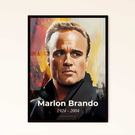 Portrait of Marlon Brando, 1924 - 2004. Impressionistic painting of a man in a black coat.