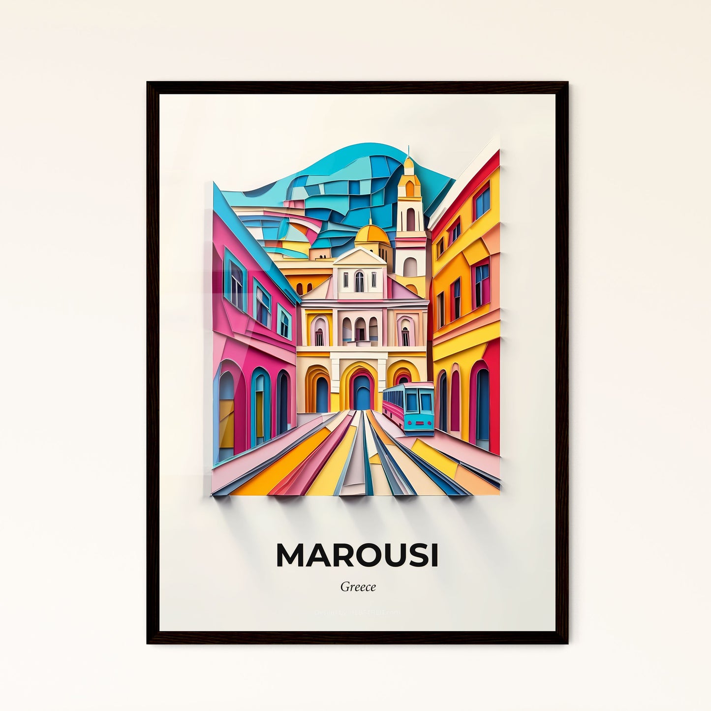 Vivid Marousi, Greece - a colorful city scene with a train coming up the tracks