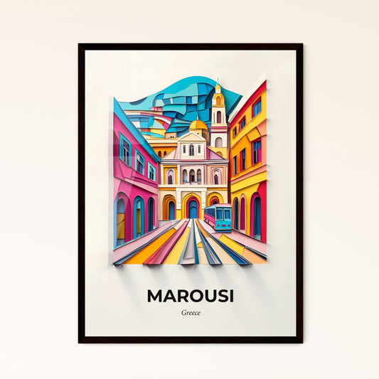 Vivid Marousi, Greece - a colorful city scene with a train coming up the tracks