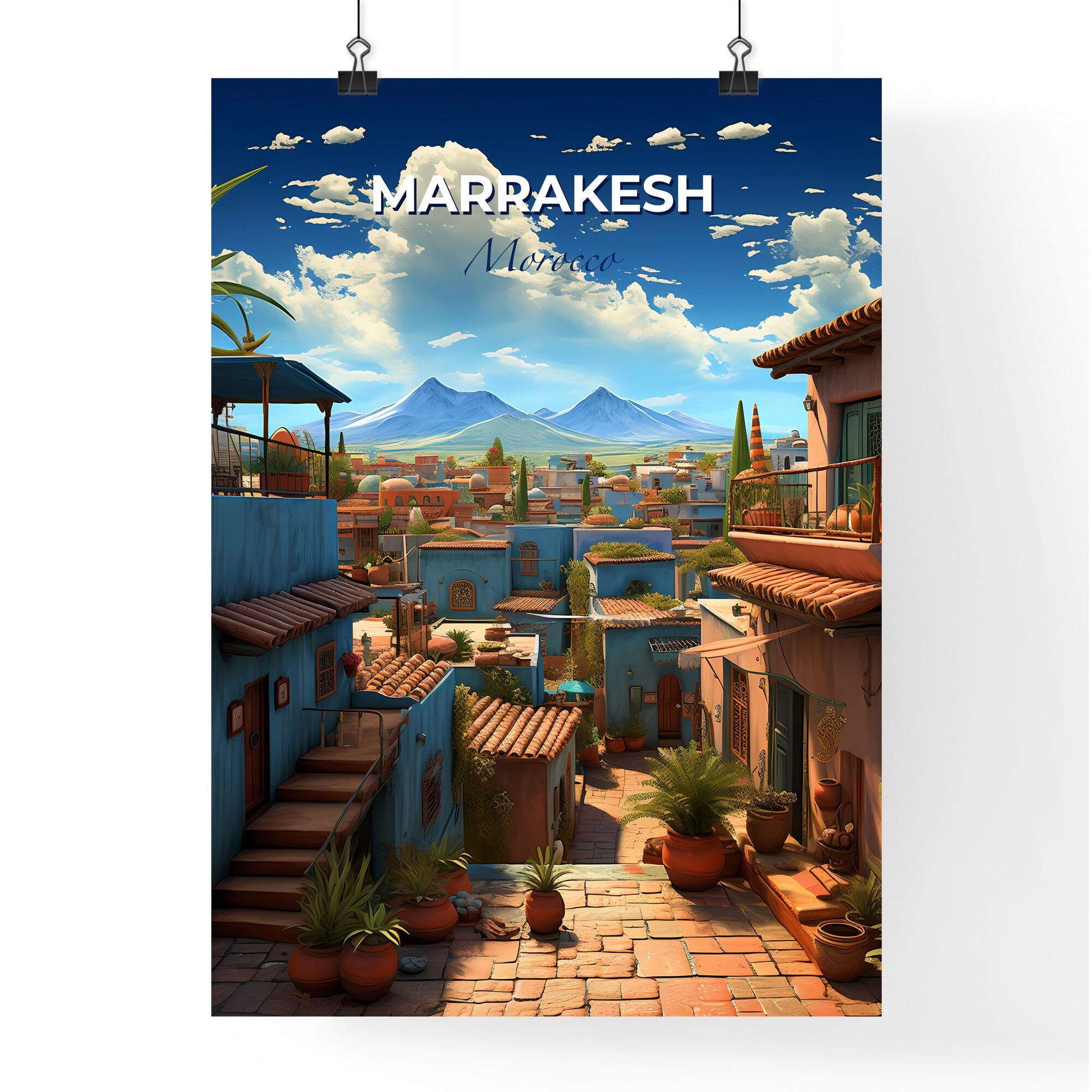 Vibrant Marrakesh Morocco Skyline Painting with Mountain Default Title