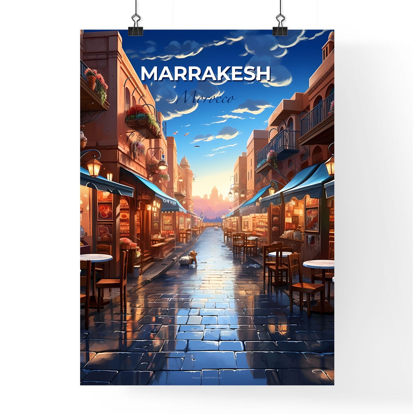 Artistic Marrakesh Skyline - Vibrant Painting with Street Scene and Outdoor Seating Default Title