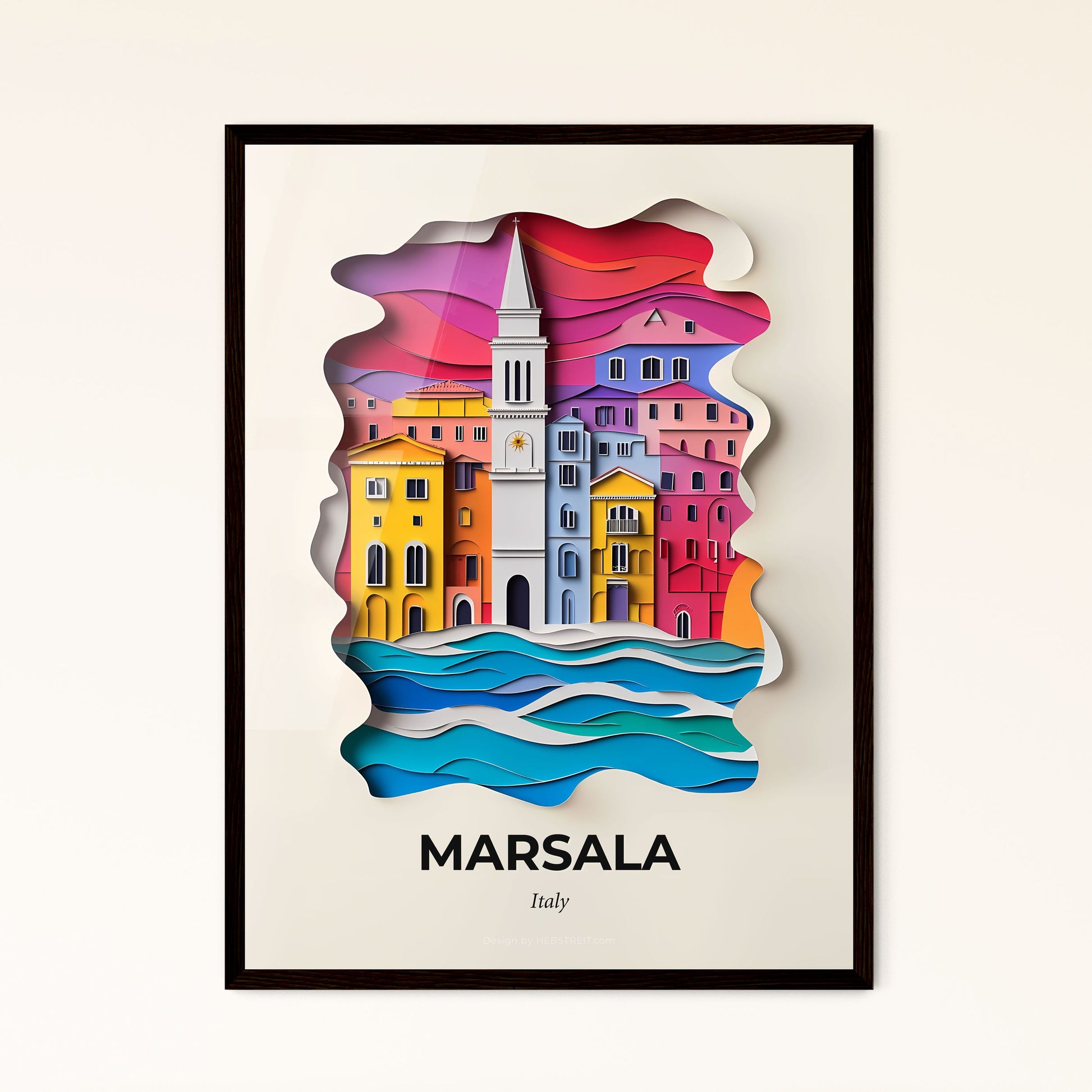 Vivid Marsala, Italy - a paper cut of a city with a clock tower