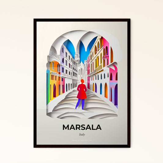 Vivid Marsala, Italy - a woman in a red coat is standing on a street