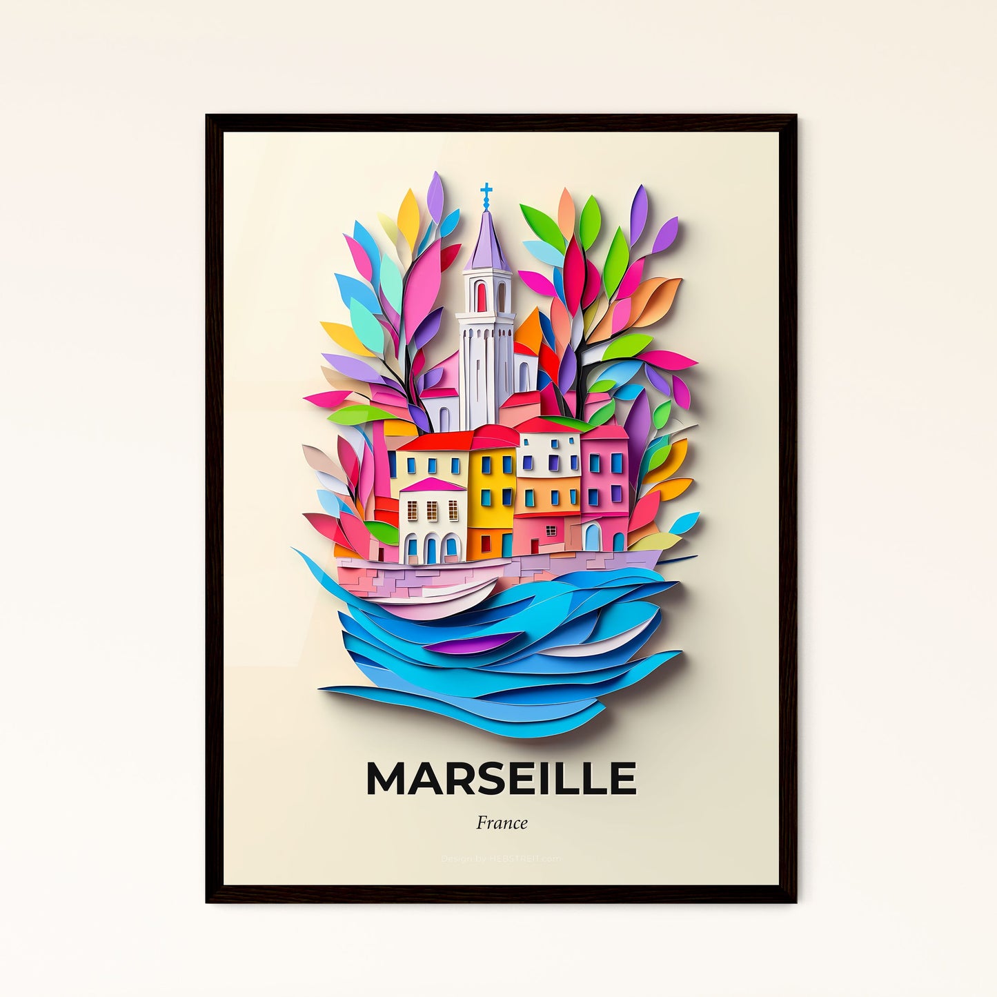 Vivid Marseille, France - a paper cut of a city with a clock tower