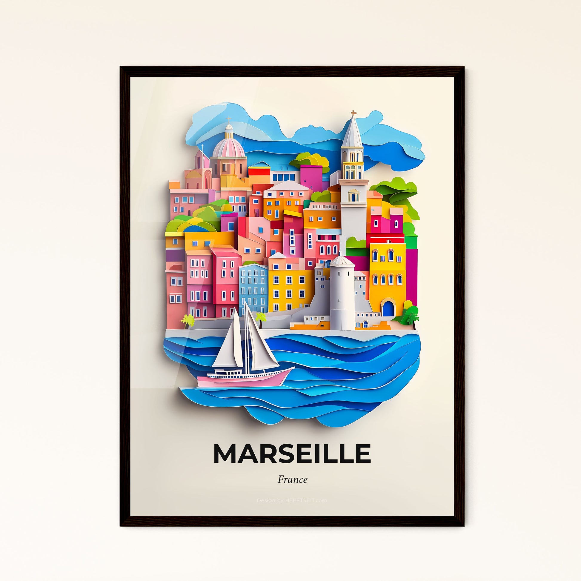 Vivid Marseille, France - a paper cut of a city with a sailboat