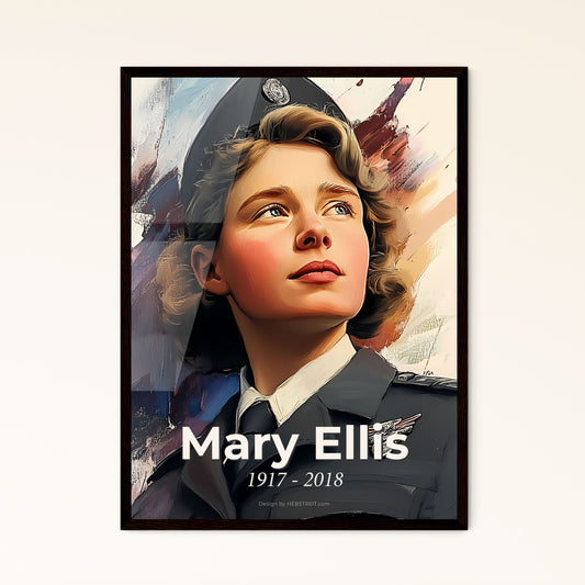 Portrait of Mary Ellis, 1917 - 2018. Impressionistic painting of a person in a uniform looking up.