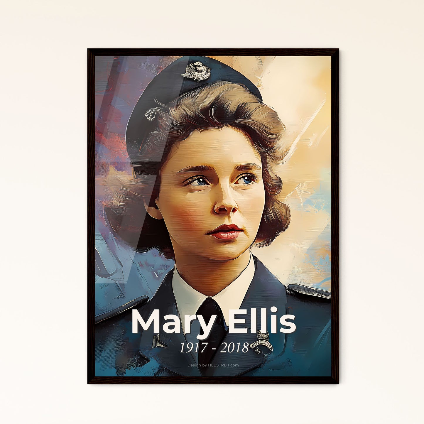 Portrait of Mary Ellis, 1917 - 2018. Impressionistic painting of a woman in a military uniform.