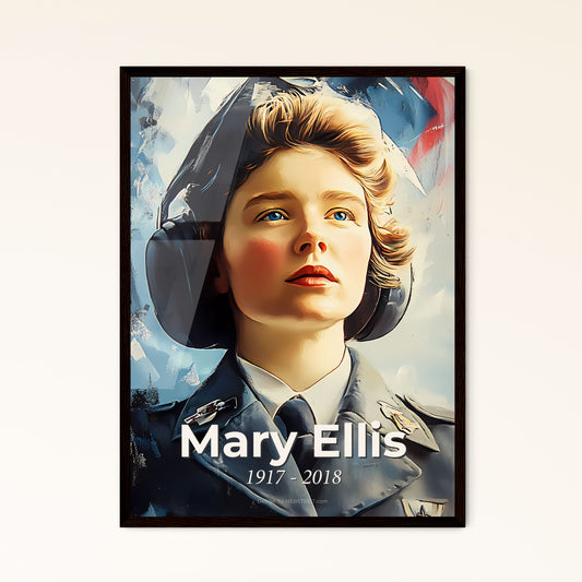 Portrait of Mary Ellis, 1917 - 2018. Impressionistic painting of a woman wearing a uniform and headphones.