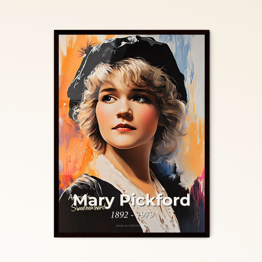 Portrait of Mary Pickford, 1892 - 1979. Impressionistic painting of a woman in a black hat.