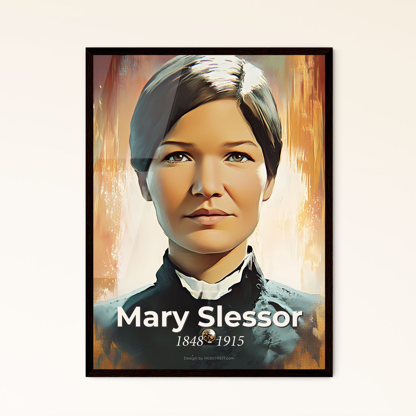 Portrait of Mary Slessor, 1848 - 1915. Impressionistic painting of a woman with a black shirt.