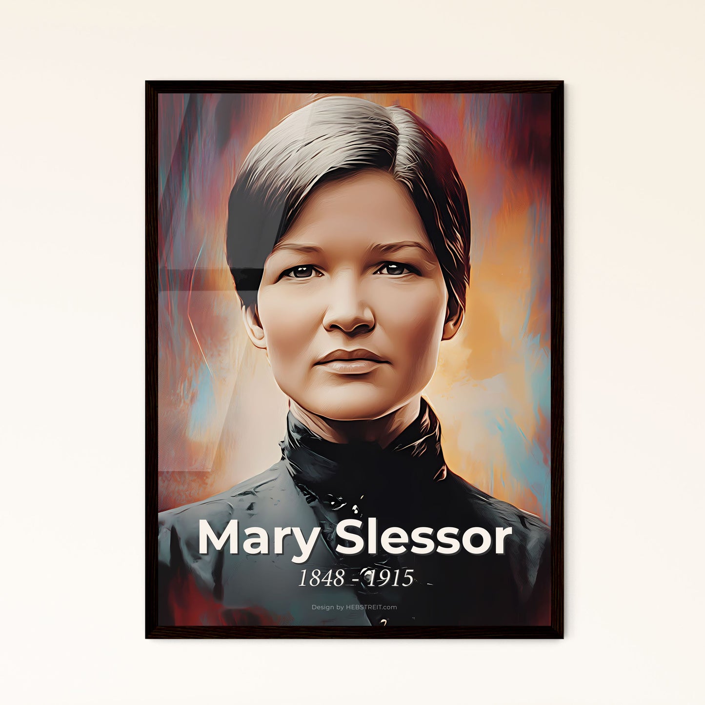 Portrait of Mary Slessor, 1848 - 1915. Impressionistic painting of a woman with short hair wearing a black shirt.