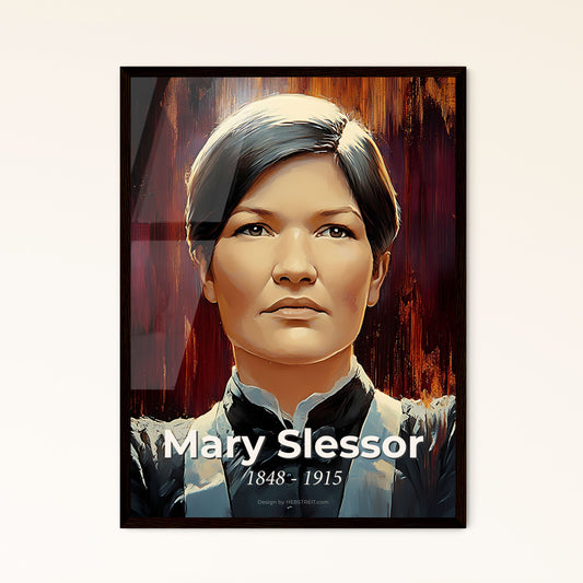 Portrait of Mary Slessor, 1848 - 1915. Impressionistic painting of a woman in a black shirt.