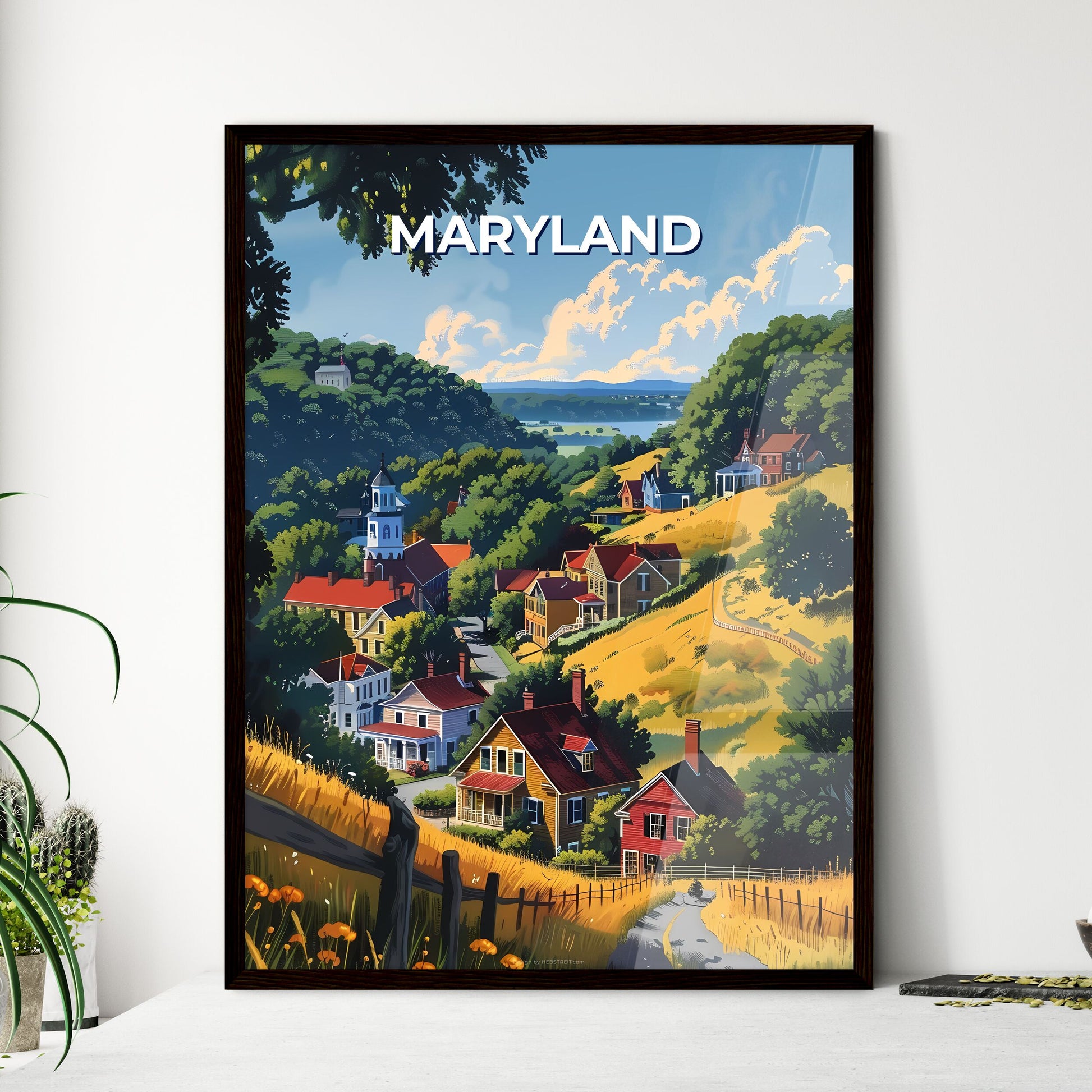 Vibrant Painting of a Charming Hilltop Village in Maryland, USA