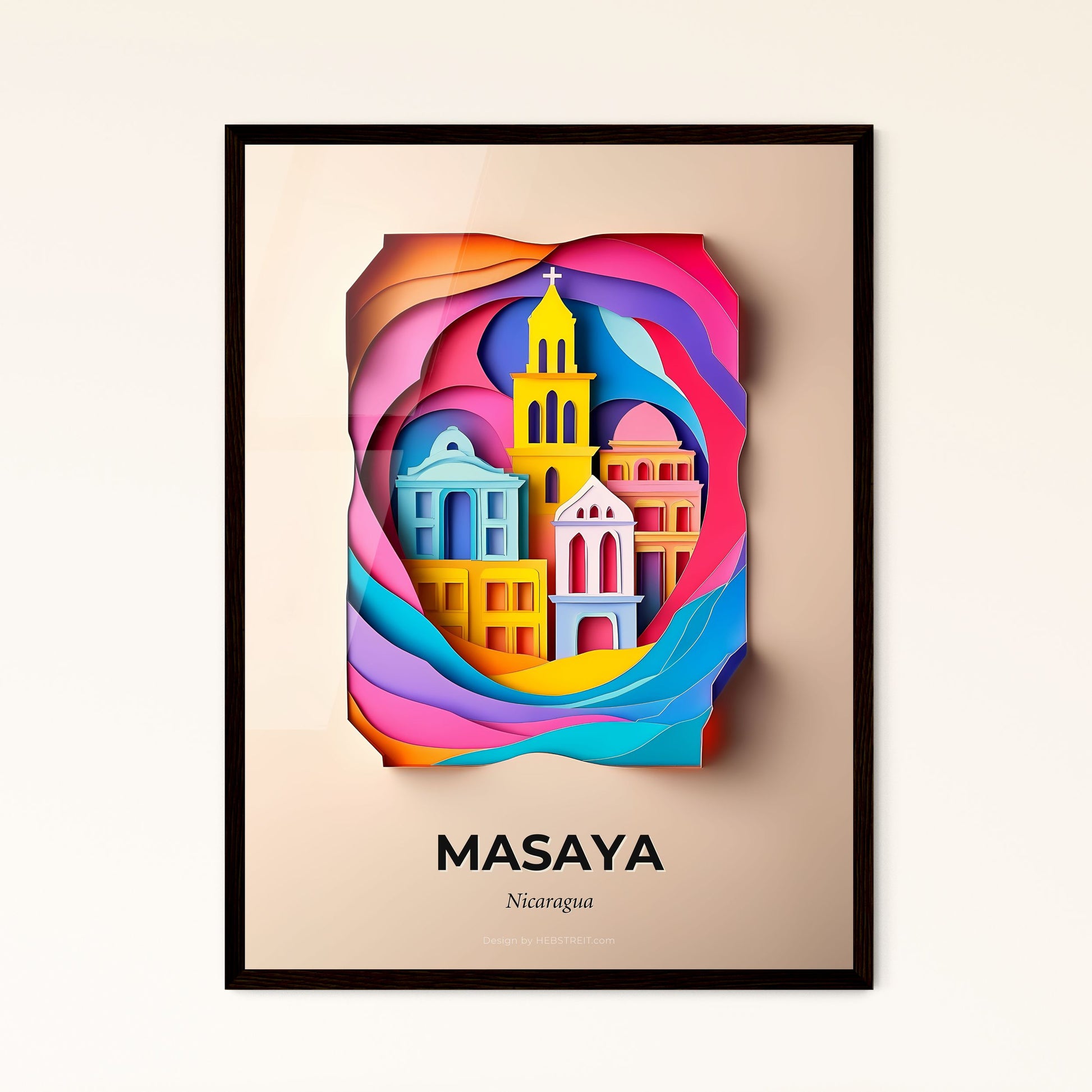 Vivid Masaya, Nicaragua - a colorful paper cut of a church and a rainbow swirl