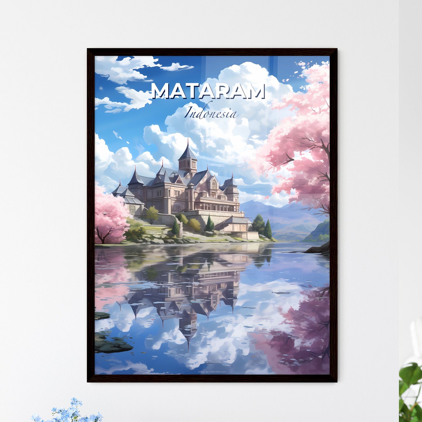 Vibrant Digital Painting of Mataram Indonesia Skyline with Castle on Water Default Title