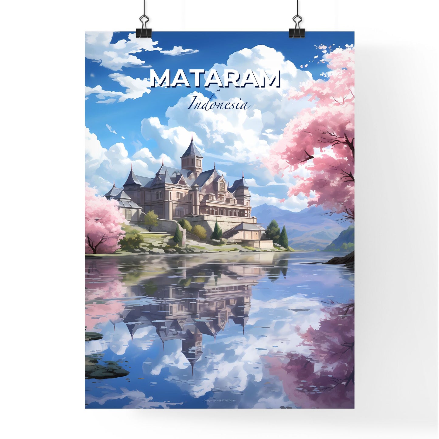 Vibrant Digital Painting of Mataram Indonesia Skyline with Castle on Water Default Title