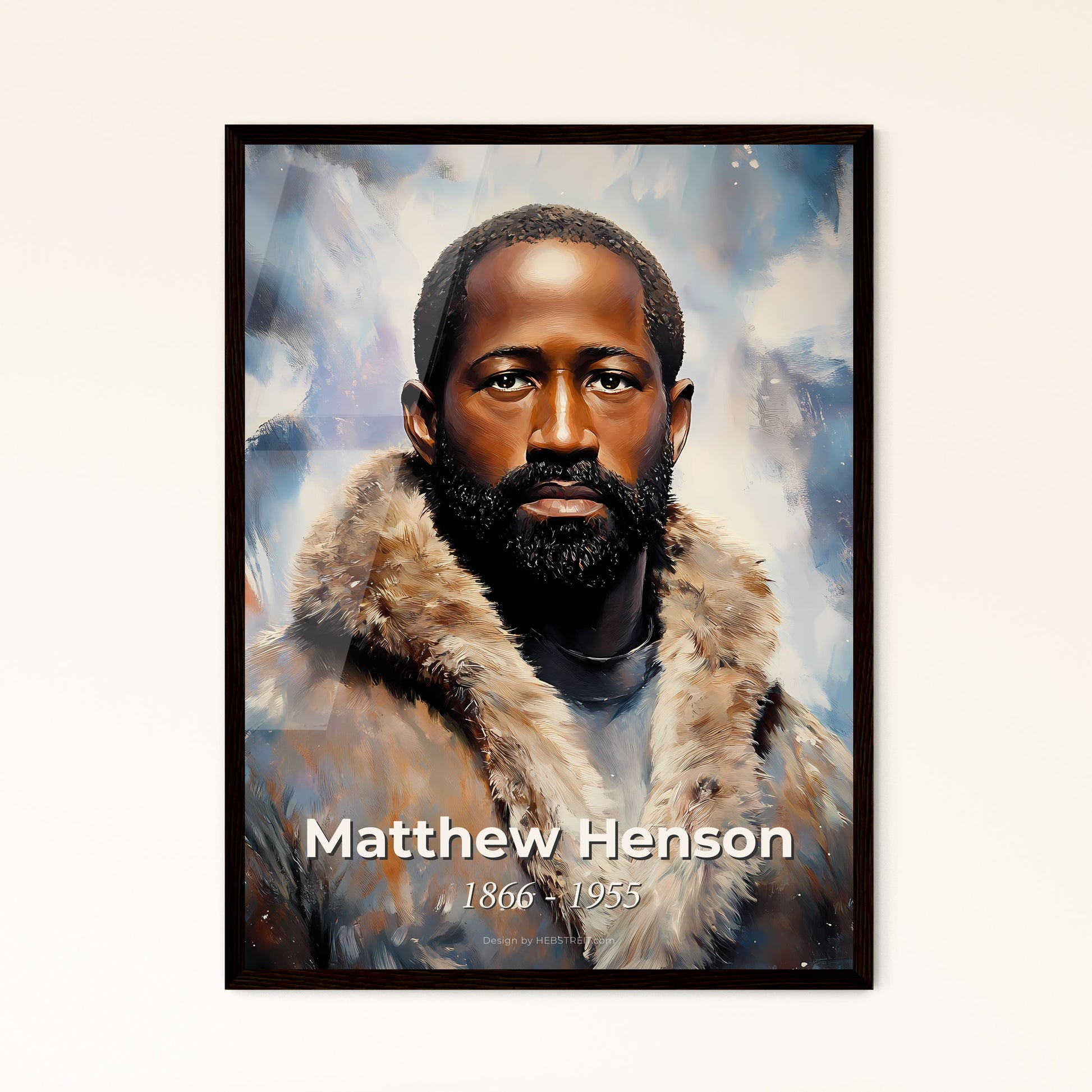 Portrait of Matthew Henson, 1866 - 1955. Impressionistic painting of a man with a beard and a fur coat.