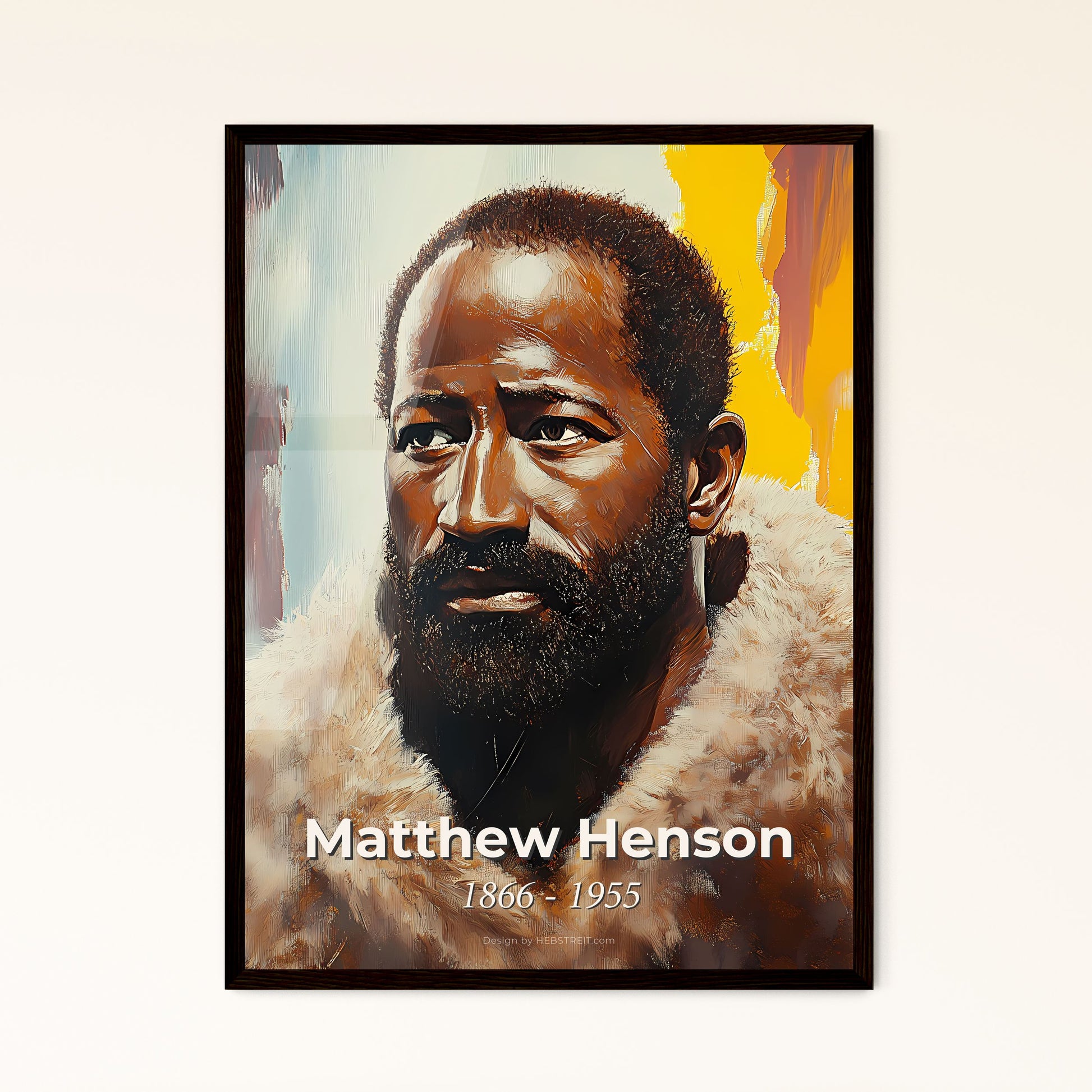 Portrait of Matthew Henson, 1866 - 1955. Impressionistic painting of a man with a beard wearing a fur coat.