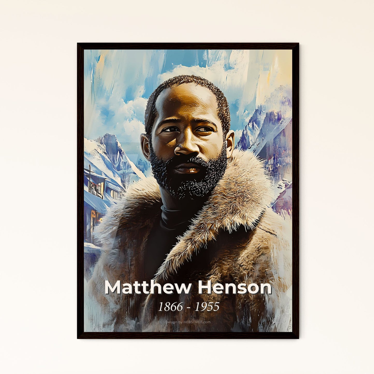 Portrait of Matthew Henson, 1866 - 1955. Impressionistic painting of a man with a beard wearing a fur coat.