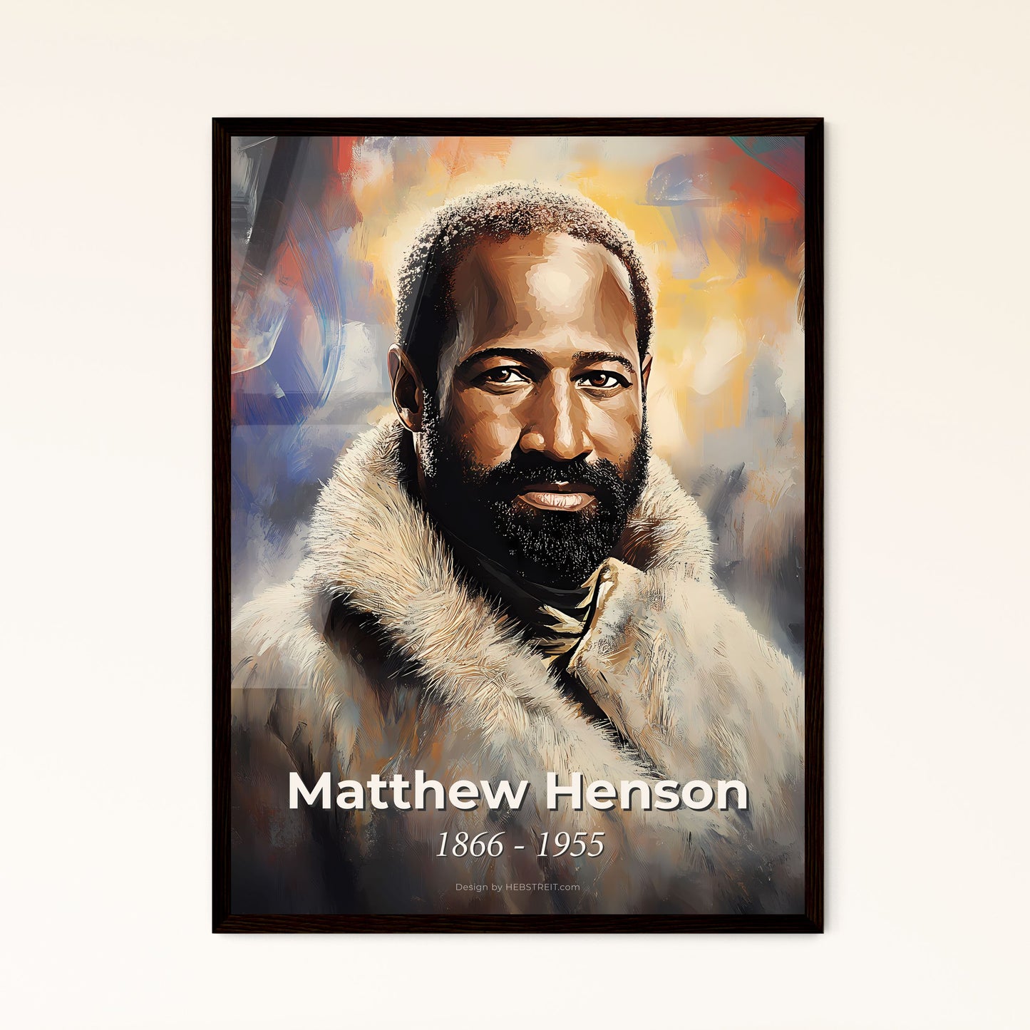 Portrait of Matthew Henson, 1866 - 1955. Impressionistic painting of a man with a beard and mustache wearing a fur coat.