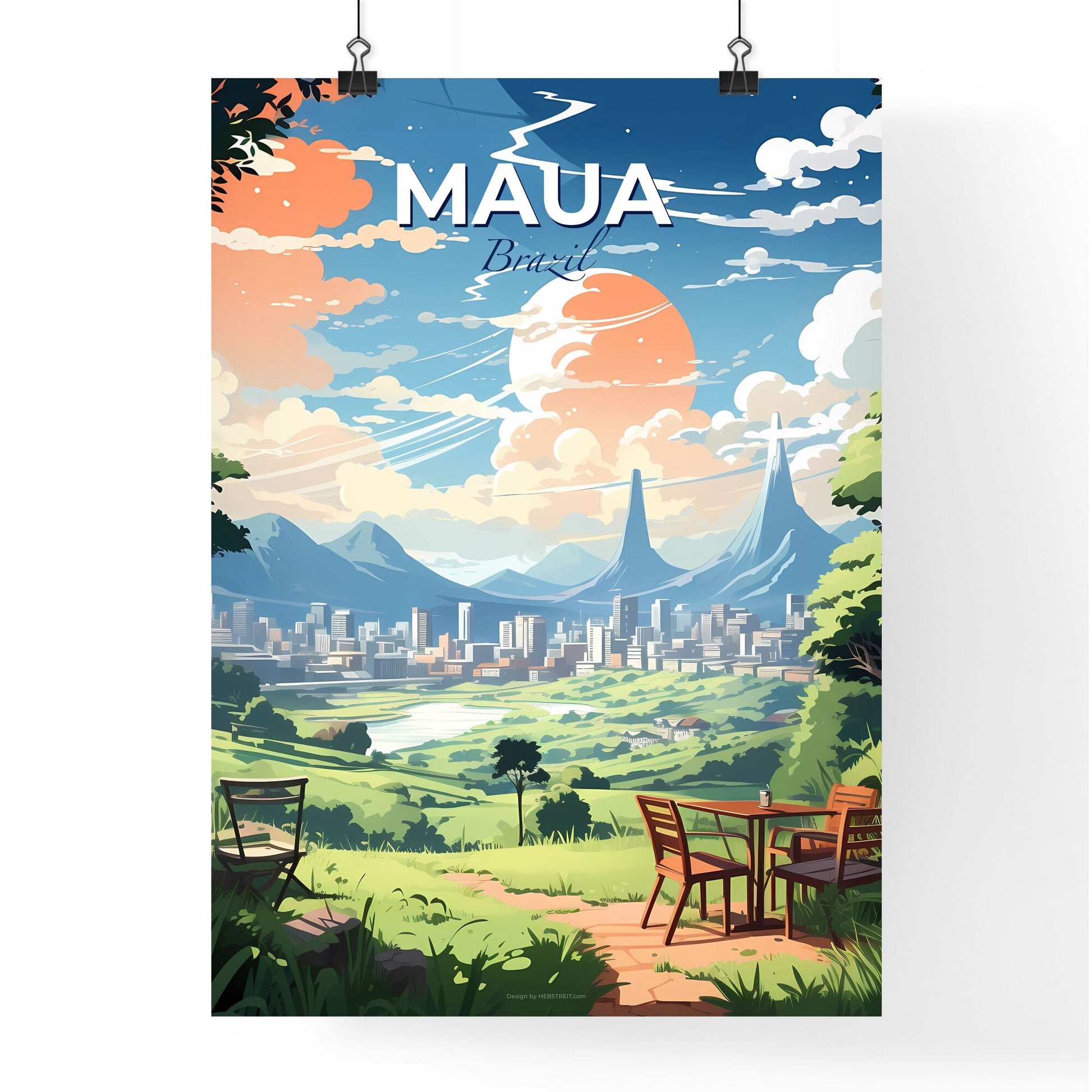 Vibrant Maua Brazil Skyline Table Chairs Grass Trees Mountains Painting Art Default Title