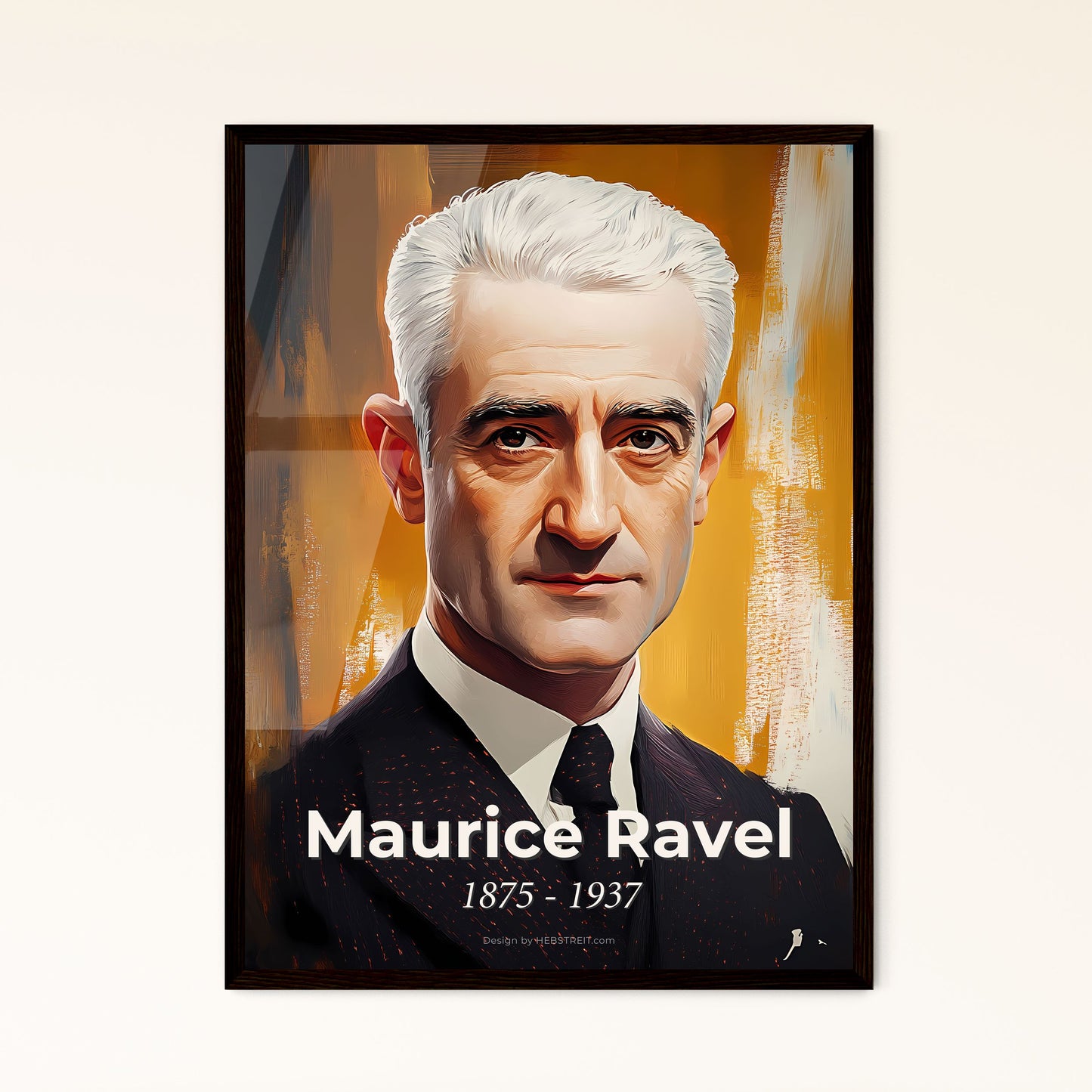 Portrait of Maurice Ravel, 1875 - 1937. Impressionistic painting of a man in a suit and tie.