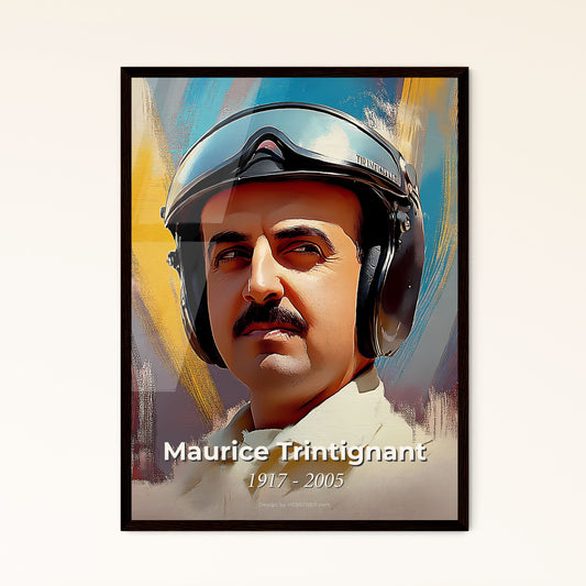 Portrait of Maurice Trintignant, 1917 - 2005. Impressionistic painting of a man wearing a helmet.