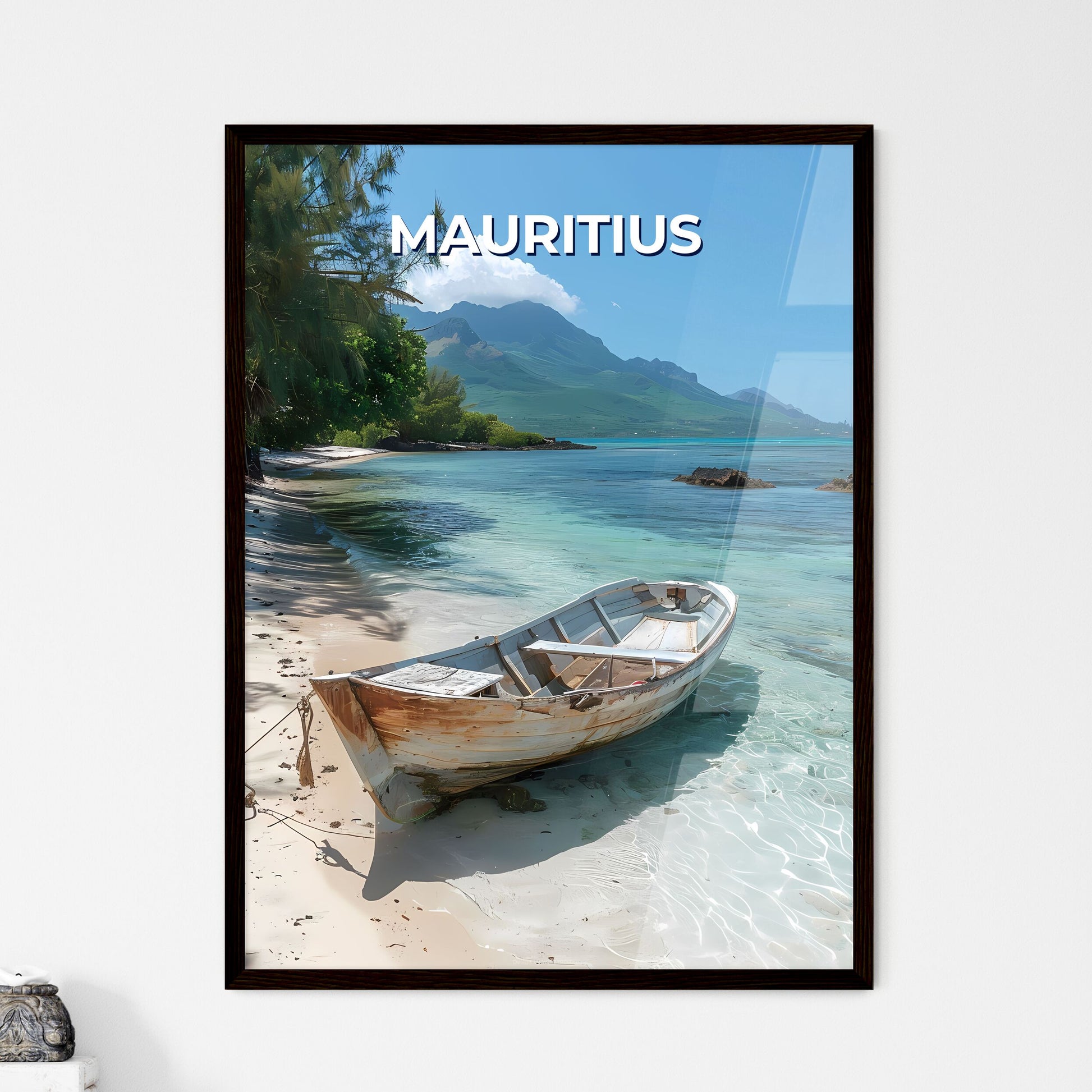 Vibrant Canvas Painting: Mauritius Beach Scene Depicting Boat in Artistic Style