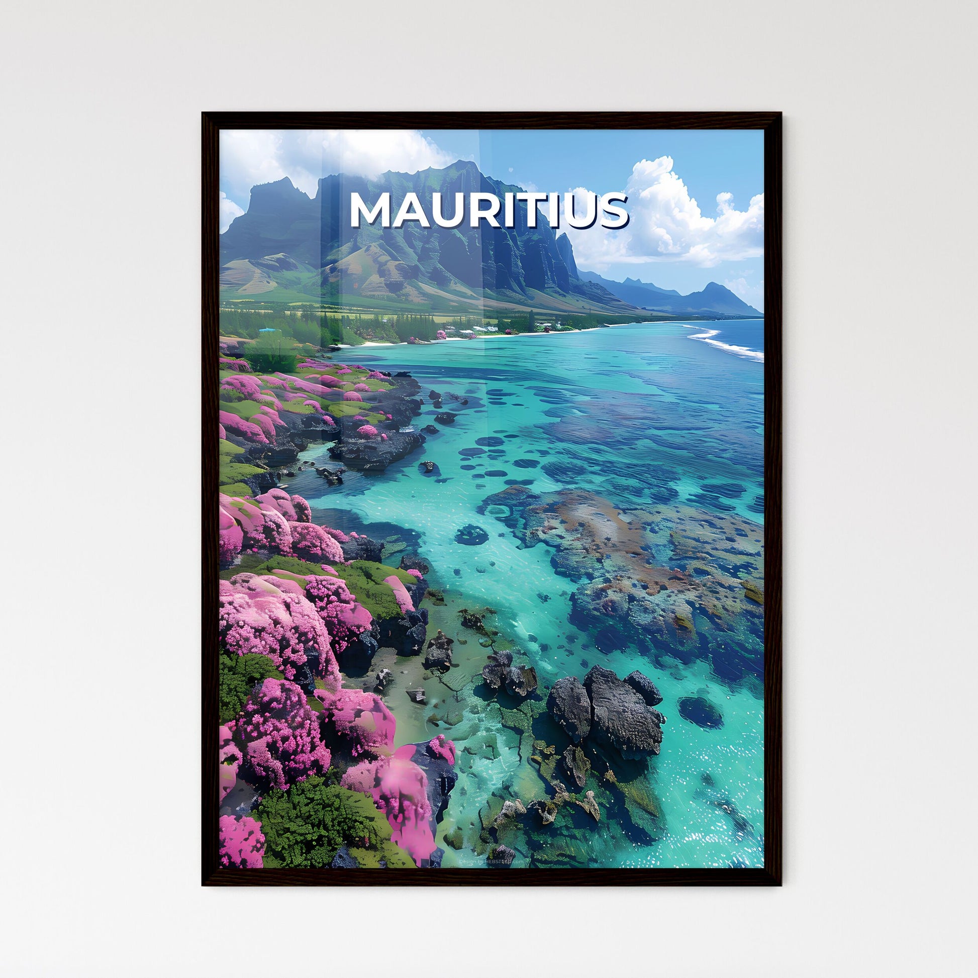 Vibrant Mauritius Artwork: Rocky Beach, Pink Flowers, Mountain, Pink Flowers, Blue Water, Art