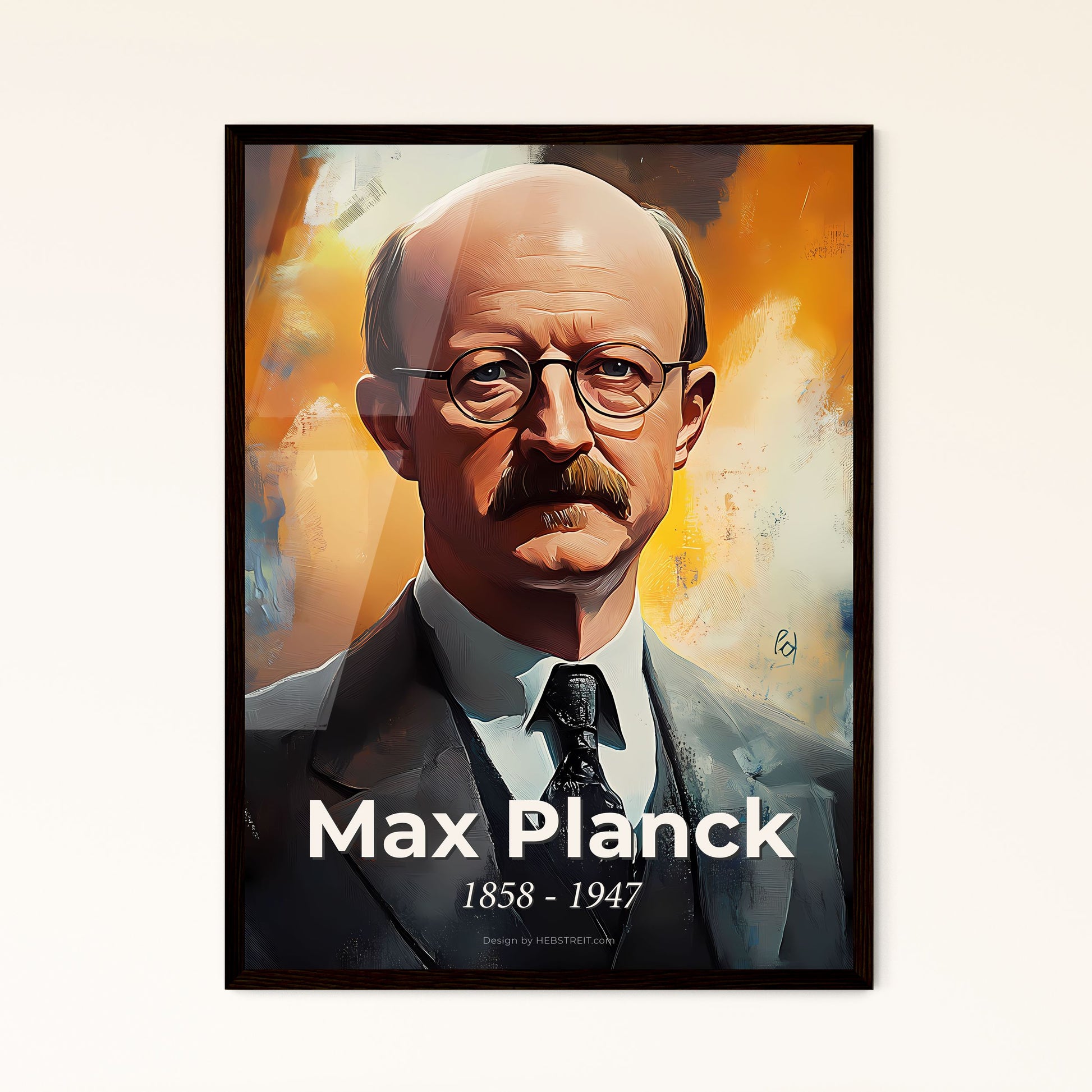 Portrait of Max Planck, 1858 - 1947. Impressionistic painting of a man with a mustache wearing glasses and a suit.