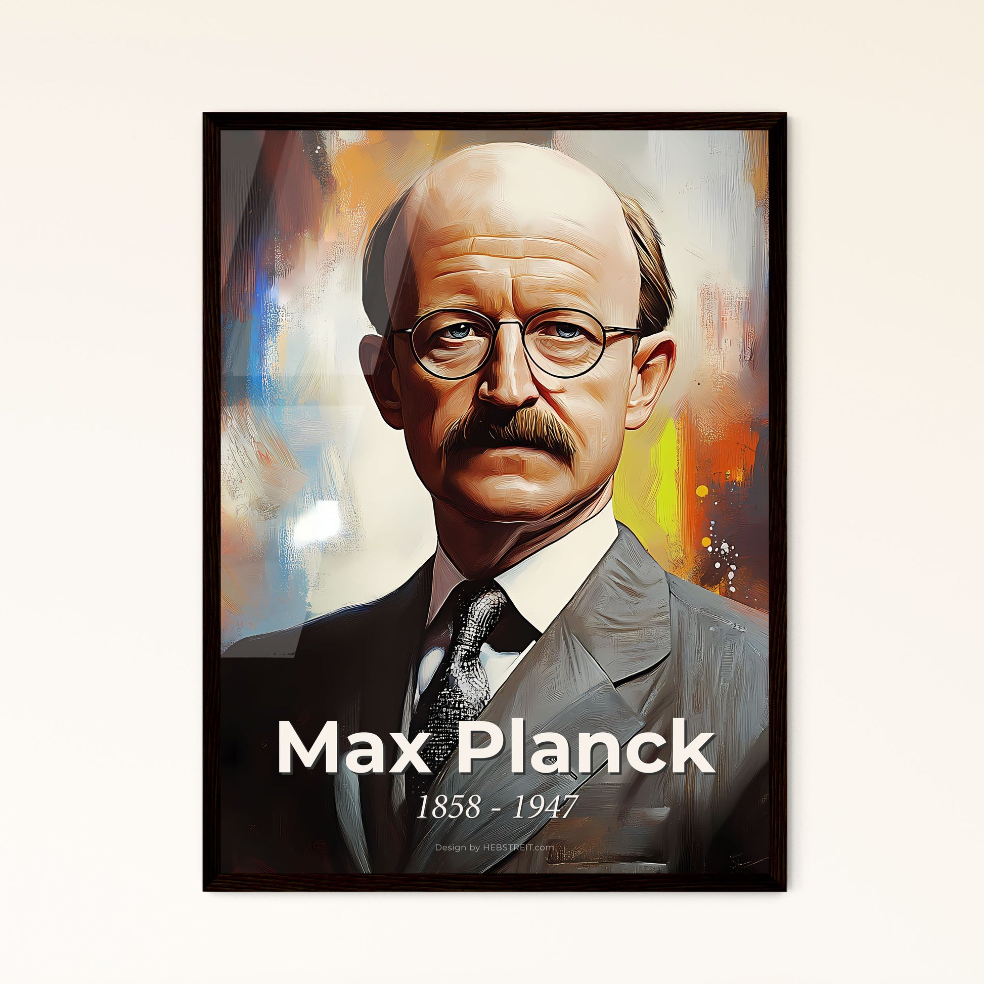 Portrait of Max Planck, 1858 - 1947. Impressionistic painting of a man with a mustache wearing a suit and tie.