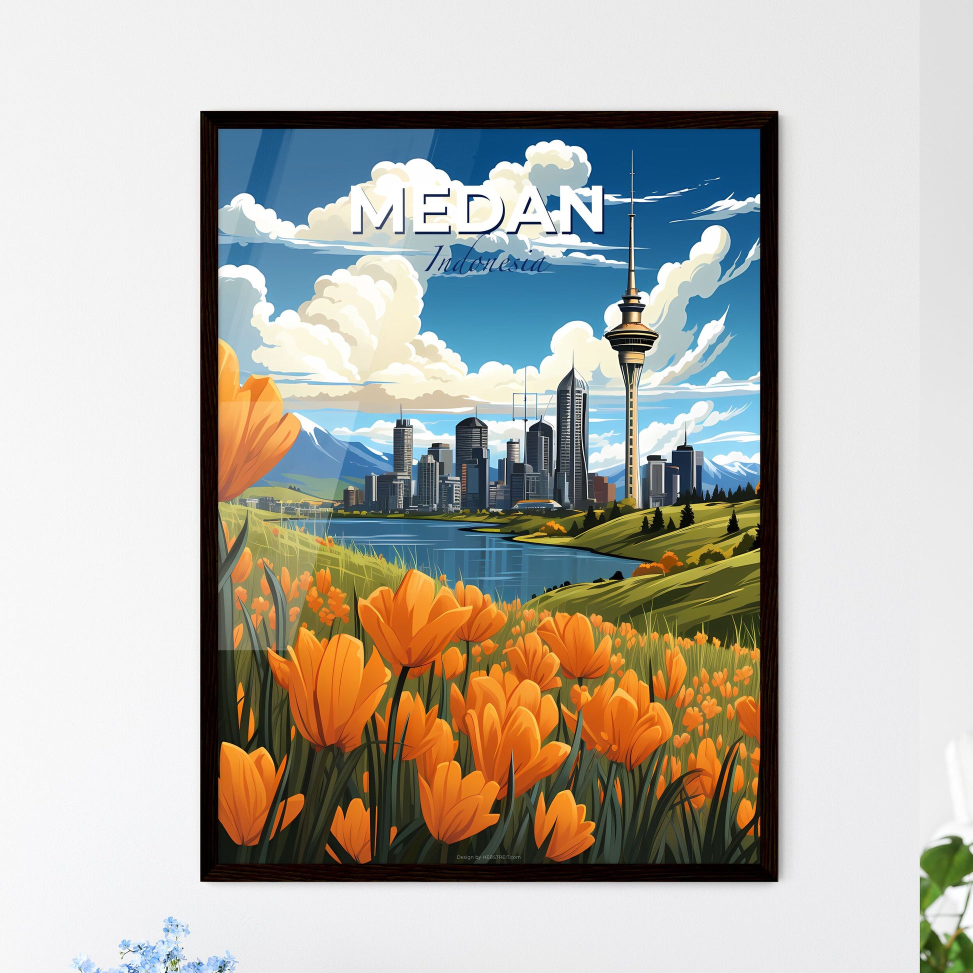 Cityscape Painting Medan Indonesia Skyline with Orange Flowers Vibrant Art City Landscape Default Title