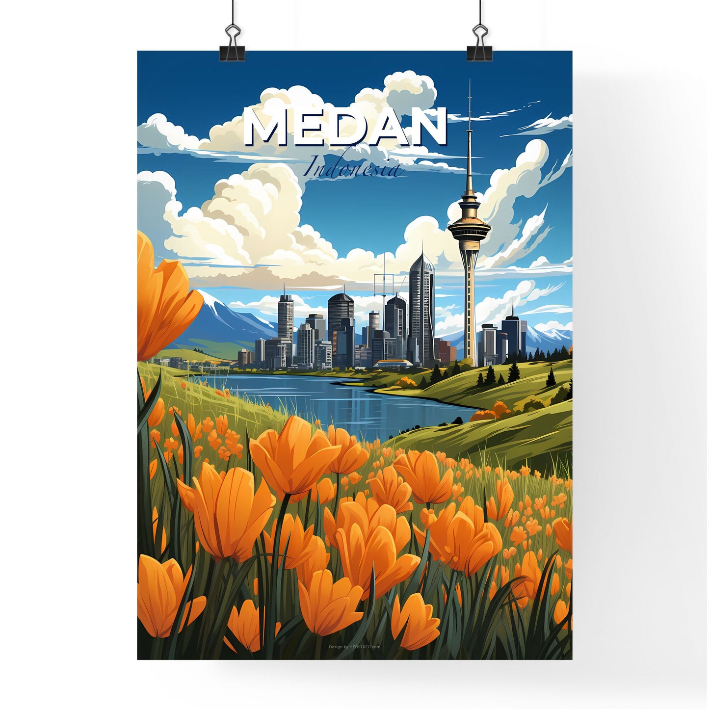 Cityscape Painting Medan Indonesia Skyline with Orange Flowers Vibrant Art City Landscape Default Title