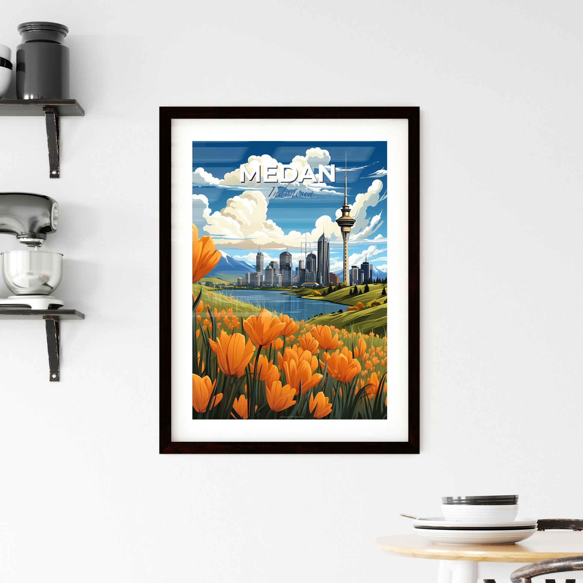 Cityscape Painting Medan Indonesia Skyline with Orange Flowers Vibrant Art City Landscape Default Title