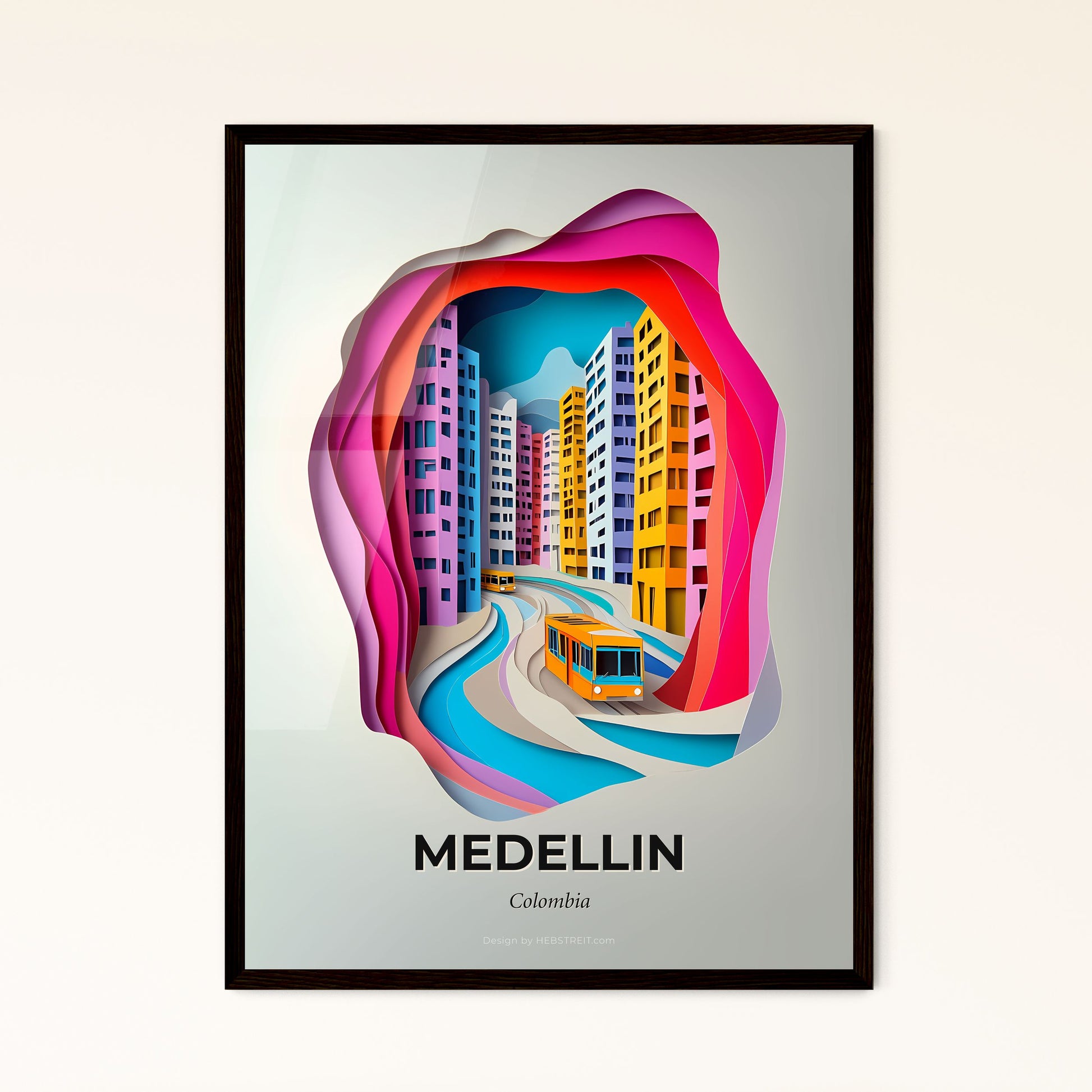 Vivid Medellin, Colombia - a bus is traveling through a city with buildings