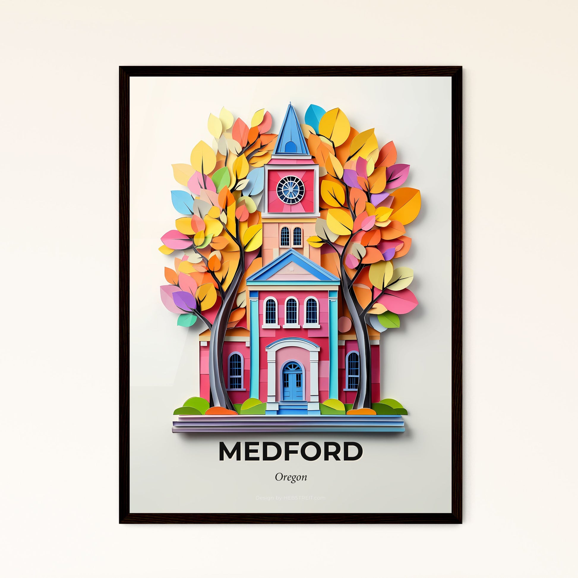 Vivid Medford, Oregon - a paper cut of a church with a clock tower